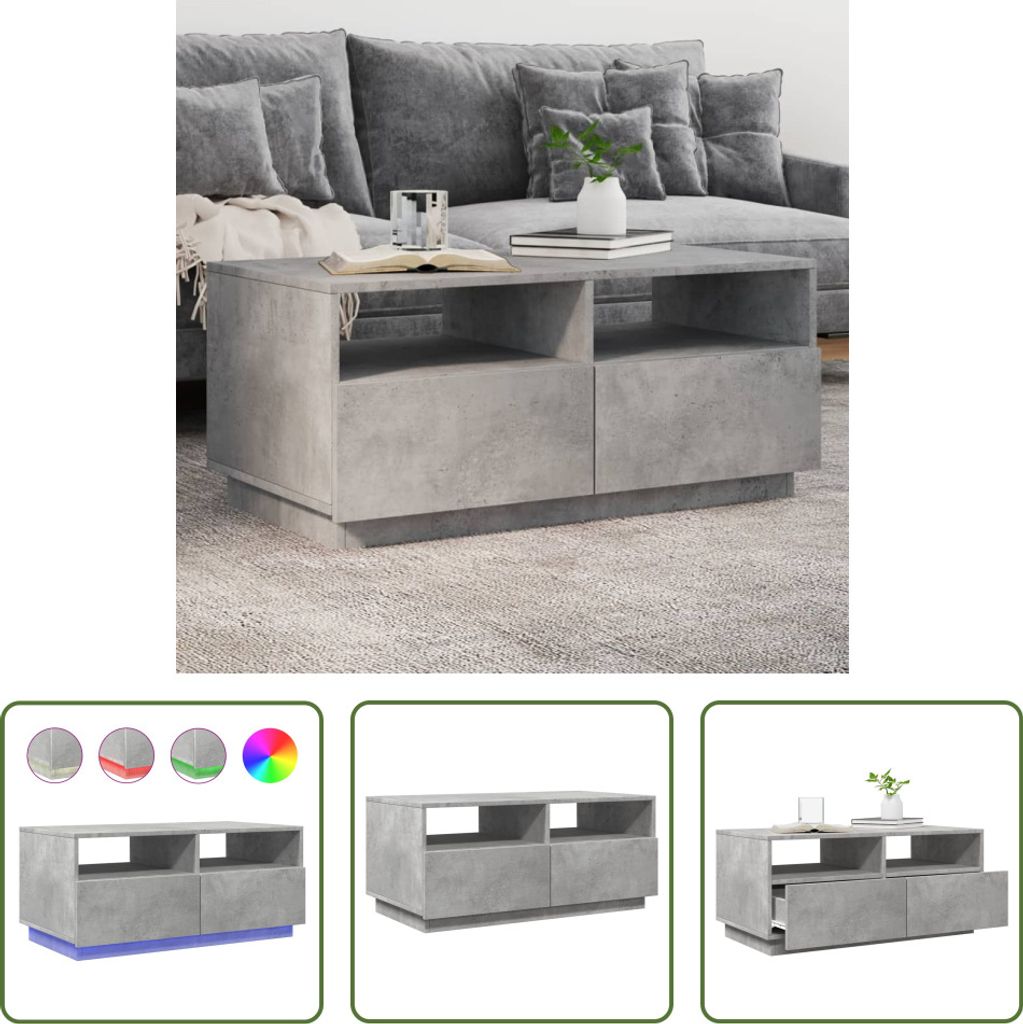 The Living Store Couchtisch mit LED-Leuchten Betongrau 90x49x40 cm