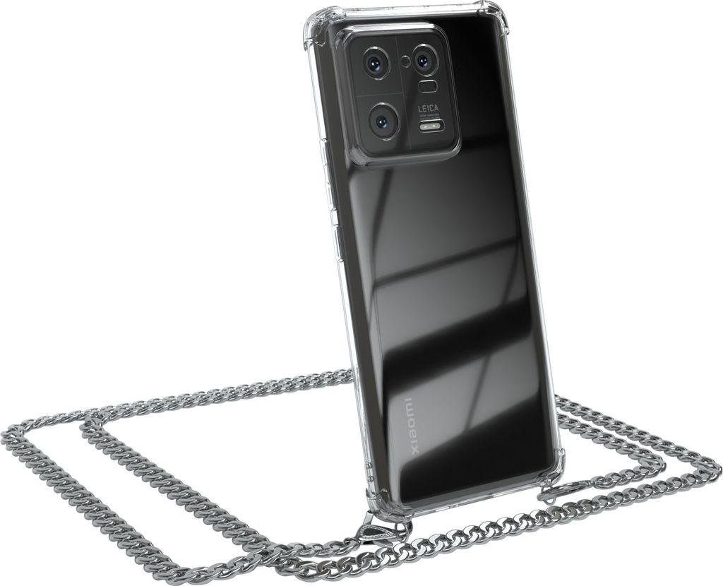 EAZY CASE Metall Handykette für Xiaomi 13 Pro, Handyhülle mit Umhängeband, Silikonhülle, Metallkette für Smartphone in Silber