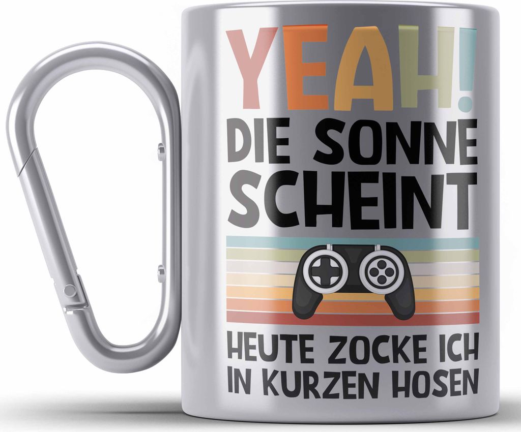 Trendation - Gamer Edelstahl Tasse Karabiner Geschenk Jungen Zocker Mitbringsel Männer Zocken Gaming Geschenkideen PC Kinder Zubehör Spruch Lusti...