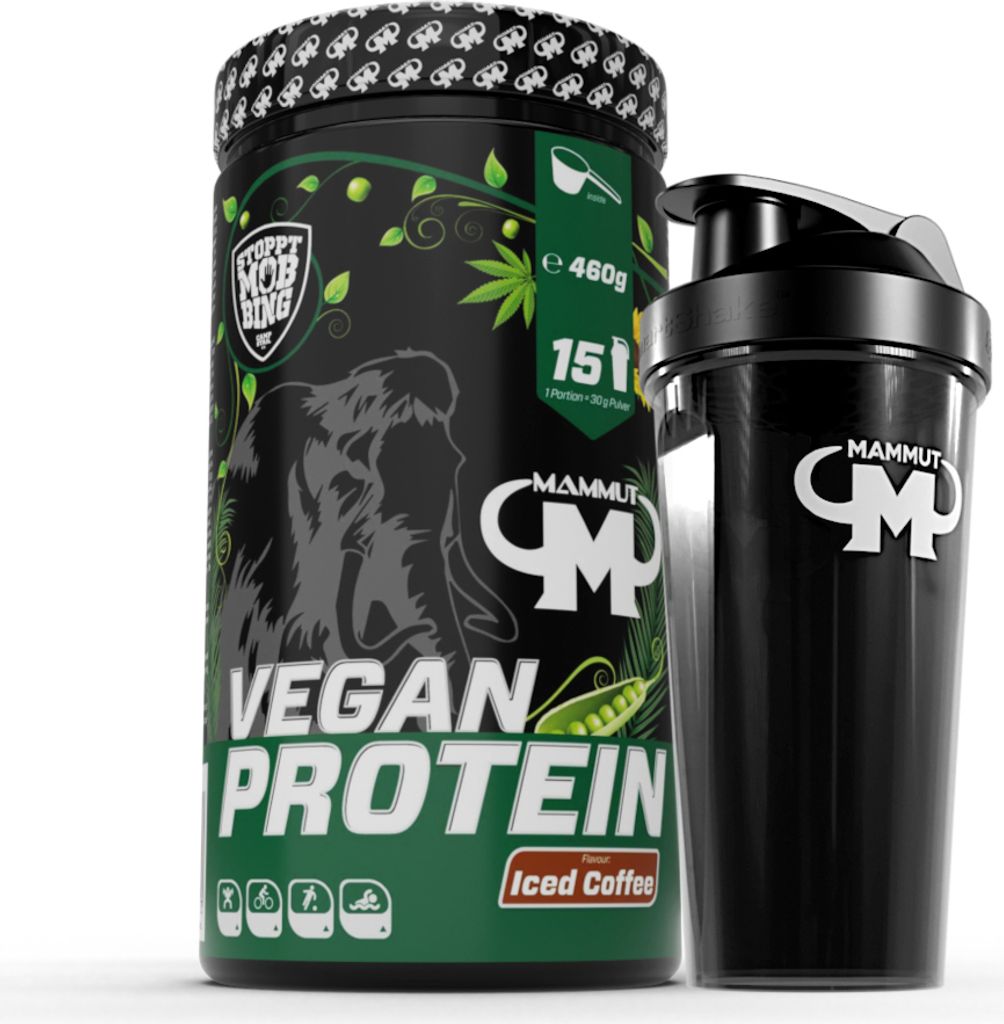 Mammut Nutrition - Vegan Protein 460 g Dose - 15 Portionen Eiweiß + GRATIS Protein Shaker, Geschmack: Iced Coffee