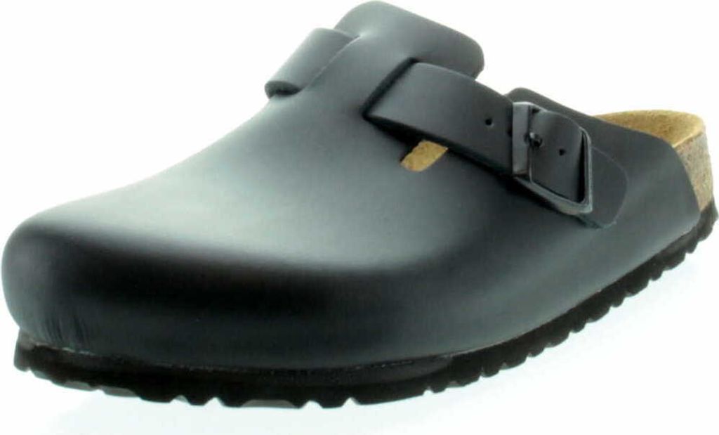 A single black Birkenstock Boston slipper is shown against a white background.