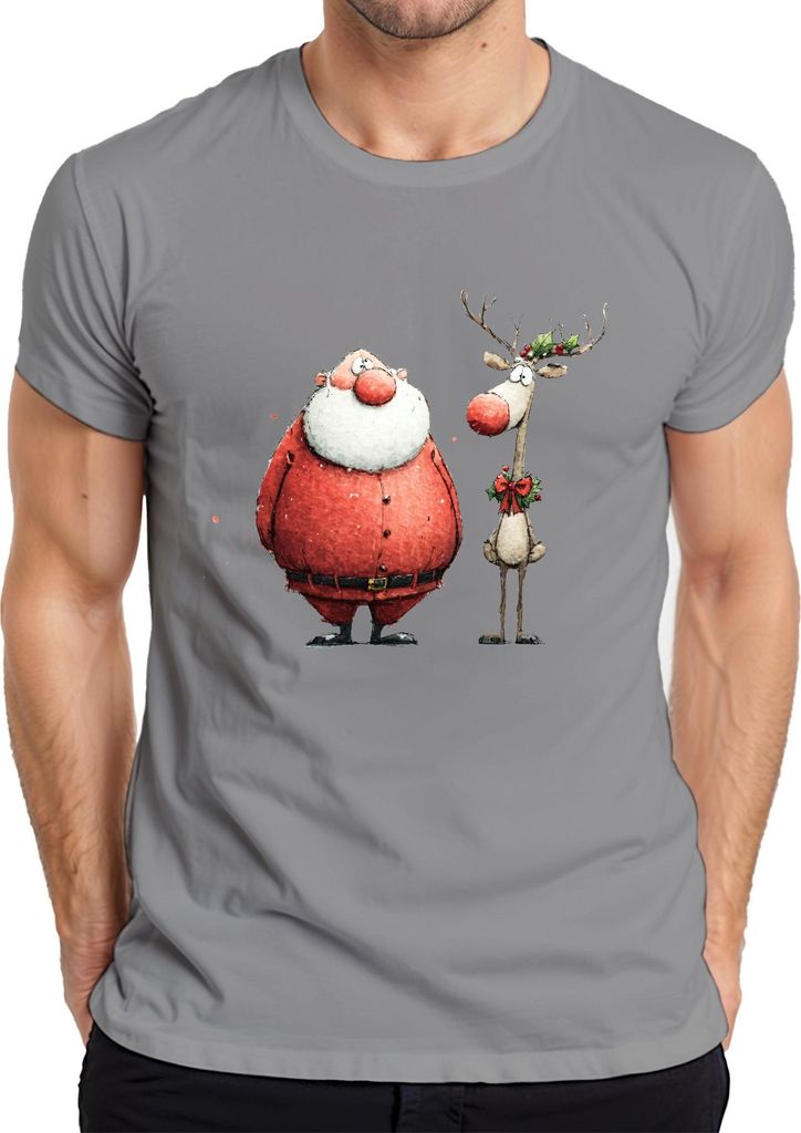 Lustiger Weihnachtsmann Rentier Aquarell Geschenk Retro Herren T-Shirt, Grau, L