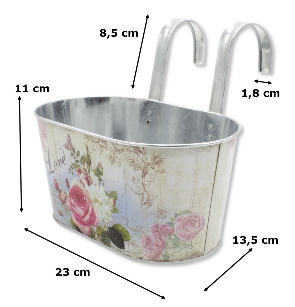 Metall Hängetopf mit 2 Henkeln - 23cm x 11cm Rosen 4 Stück