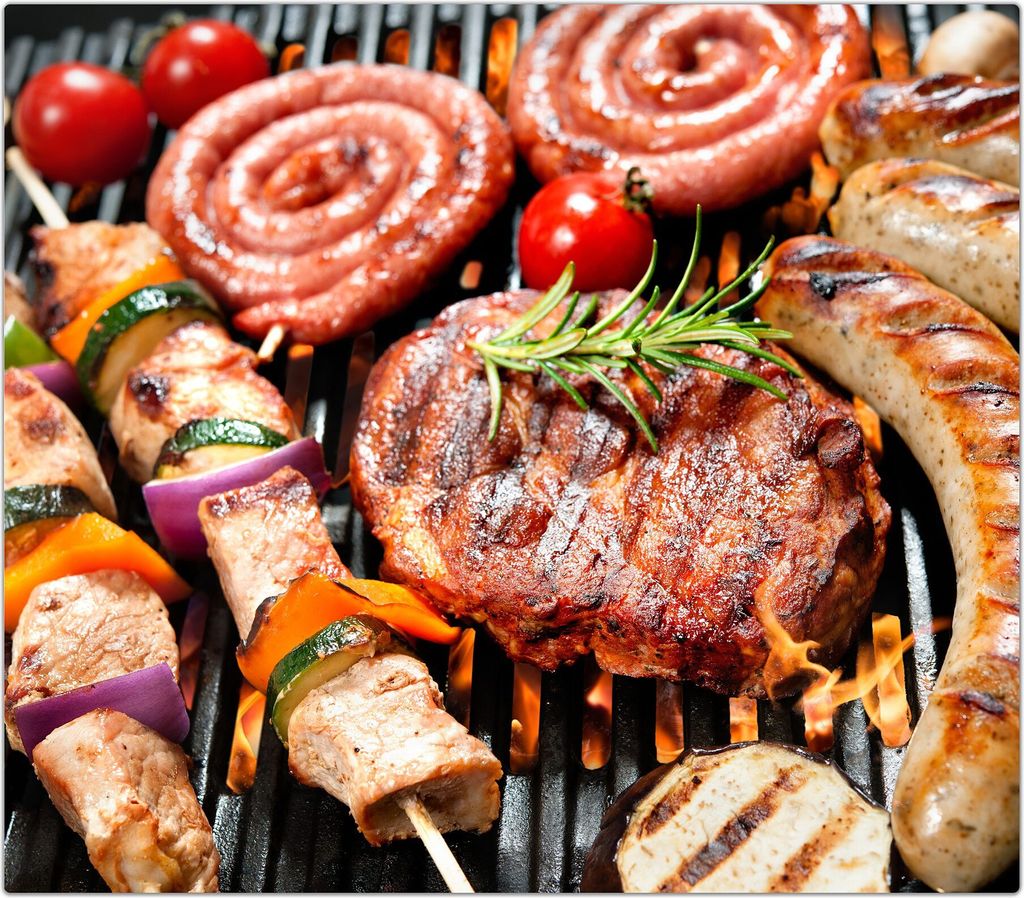 Spritzschutz Herdabdeckplatte Schneidebrett aus Glas Gegrilltes Fleishc 1-Teilig (60x52cm)