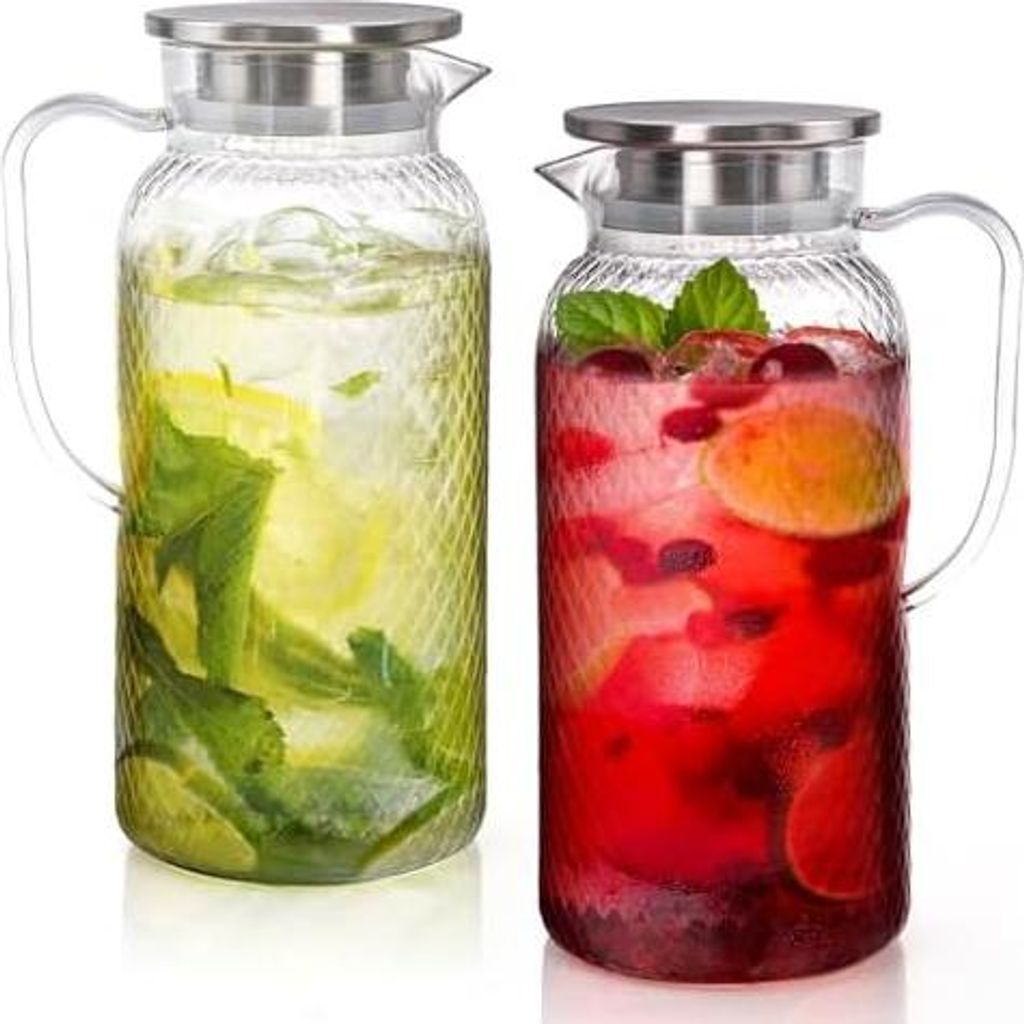 Nicunom 2 Stück Kunststoff-Krug mit Deckel, 2 Liter Wasserkrug für Kühlschrank, BPA-frei, Eisteekrüge für Saft, Sangria, Limonade, Milch, Kaff...