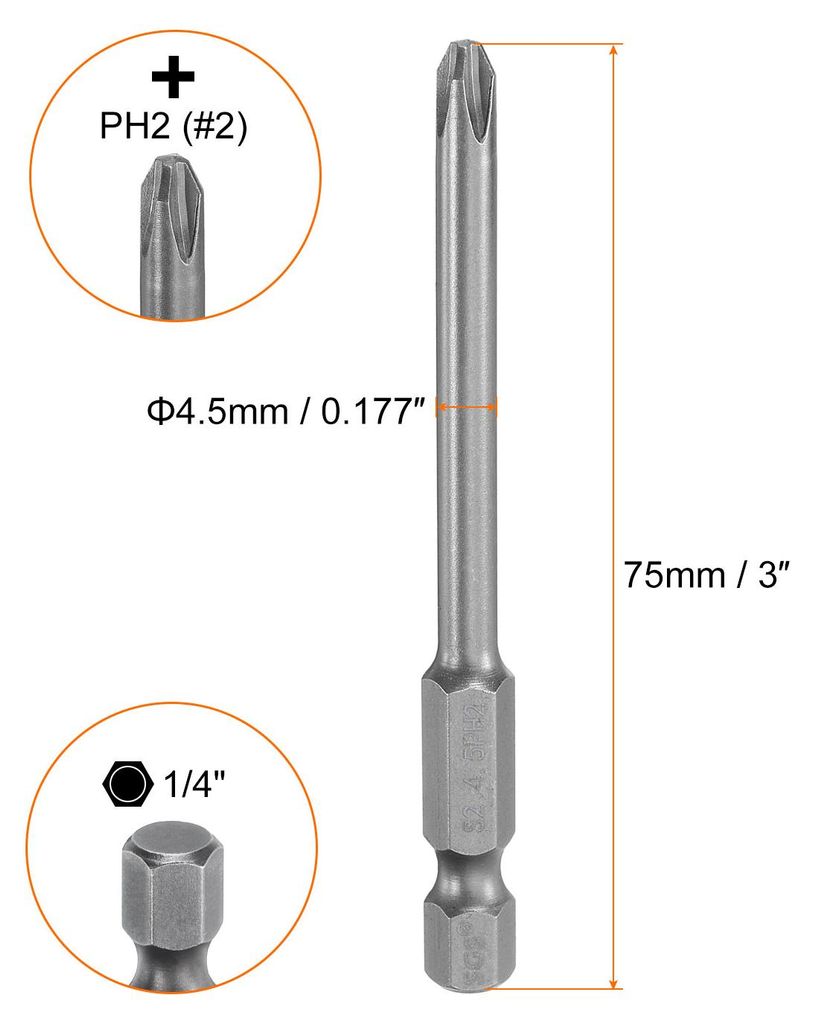 5 Stš¹ck PH2 Phillips Schraubendreher Bit Set mit 1/4" Sechskantschaft, 4.5mm Stab 75mm Lang Magnetische Kreuzkopf Bitsatz S2 Stahl Bohrer Elektr...