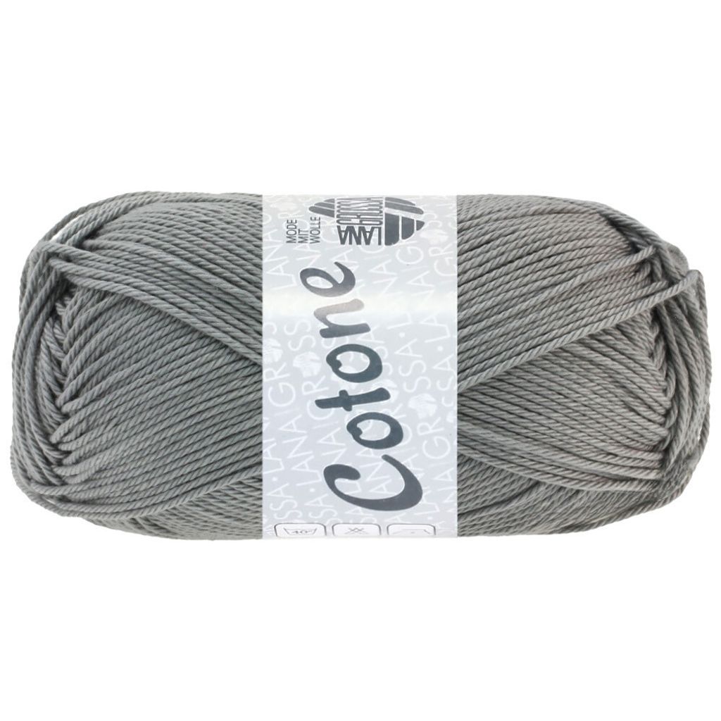 A ball of grey yarn with a label.