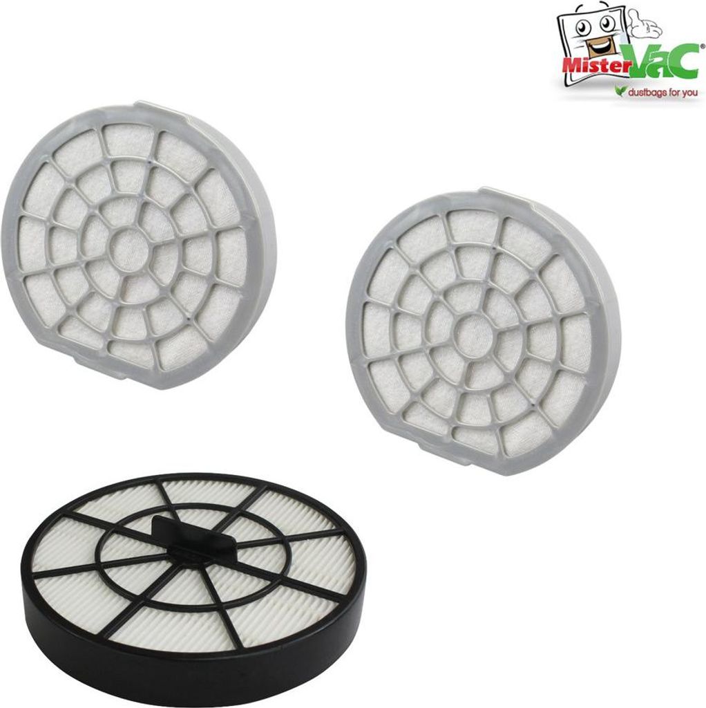 Three vacuum cleaner filters are displayed against a white background. A logo is in the top right corner.