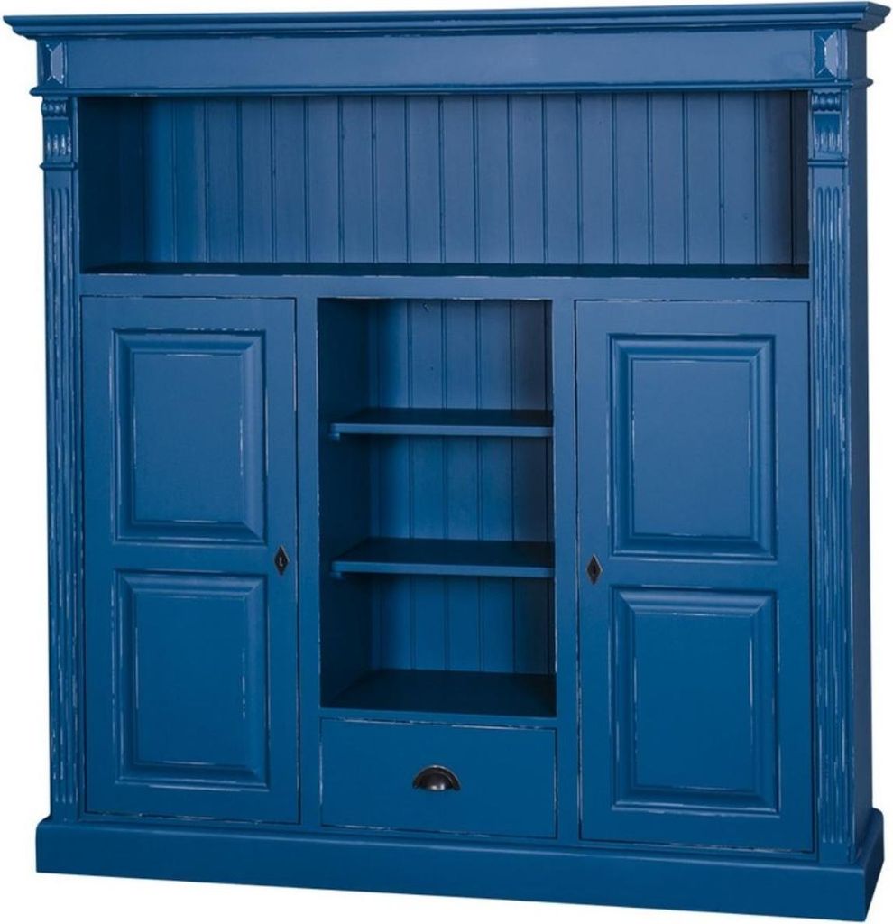 Casa Padrino Landhausstil Bücherschrank Antik Blau 60 x 36 x H. 100 cm - Massivholz Schrank mit 2 Türen und Schublade - Wohnzimmerschrank - Landh...