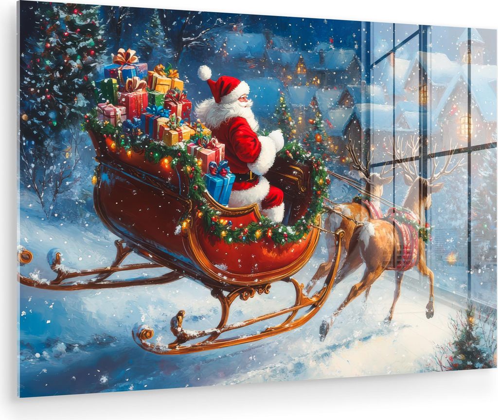 MuchoWow Glasbilder - Bilder auf Wandbild - Foto auf Glas Weihnachtsmann - Rentier - Weihnachten - Schnee 60x40 cm Wanddekoration aus Glas - Acrylg...