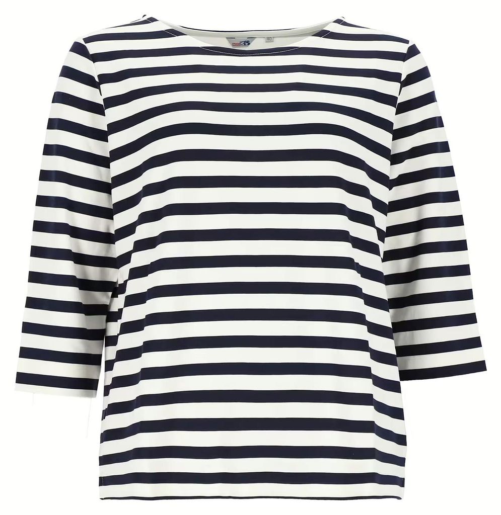 modAS Damen Shirt mit 3/4-Arm und Streifen - Gestreiftes Damenshirt leicht oversized in Marine-Weiß Größe 40