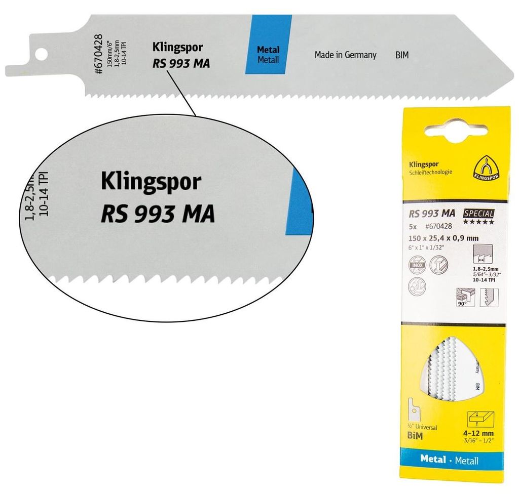 Klingspor RS 993 MA Säbelsägeblätter, 150 x 25,4 x 0,9 mm Nutzlänge 130Bi-Metall, gefräst, geschränkt , 10-14 Zähne pro Zoll, SB-verpackt im...