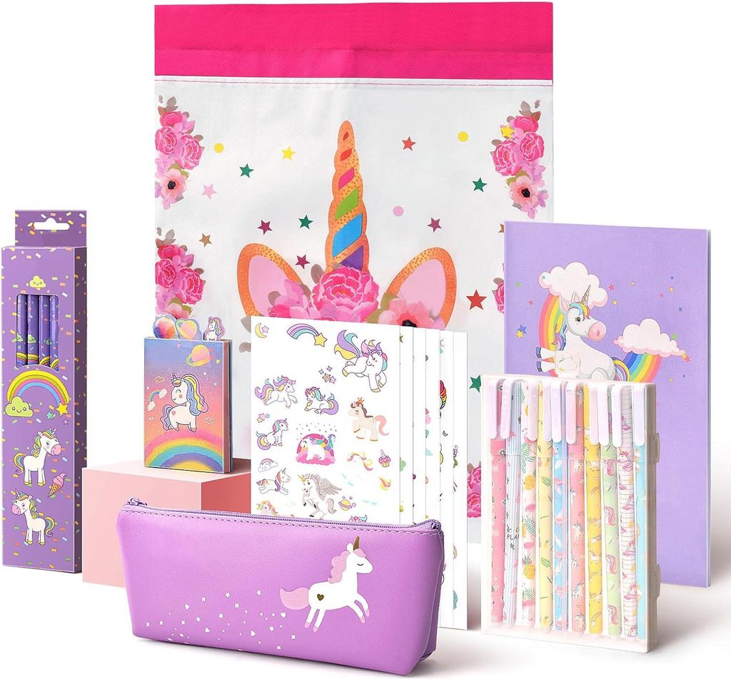 Anyfirst 37-teiliges Einhorn Schreibset, Geschenke für Mädchen von 4, 5, 6, 7 und 8 Jahren, Einhorn Stifteset mit Etui, Stickern, Notizbuch, lila