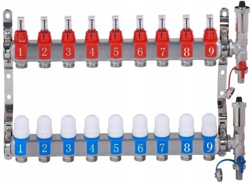 Rohrverteiler Für Fussbodenheizung Mit 9 Kreisen Und Durchflussmessern Aus Stahl