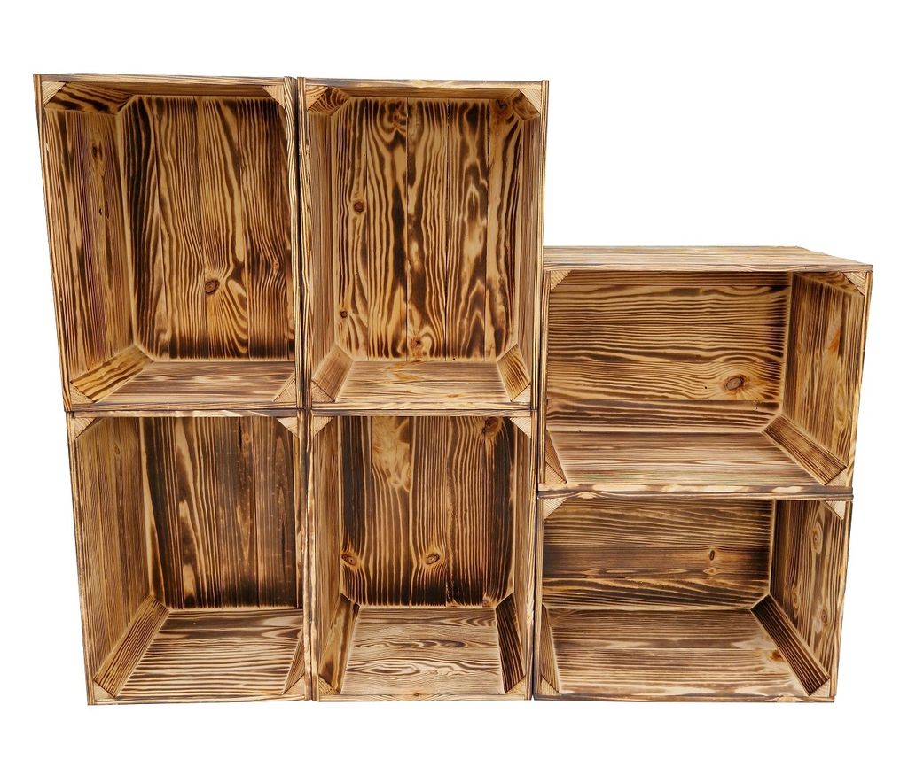 Holzkiste 40x30x24 cm 6er Set - Obstkiste Weinkiste als Schuhregal Möbelbau - Geflammt Shabby