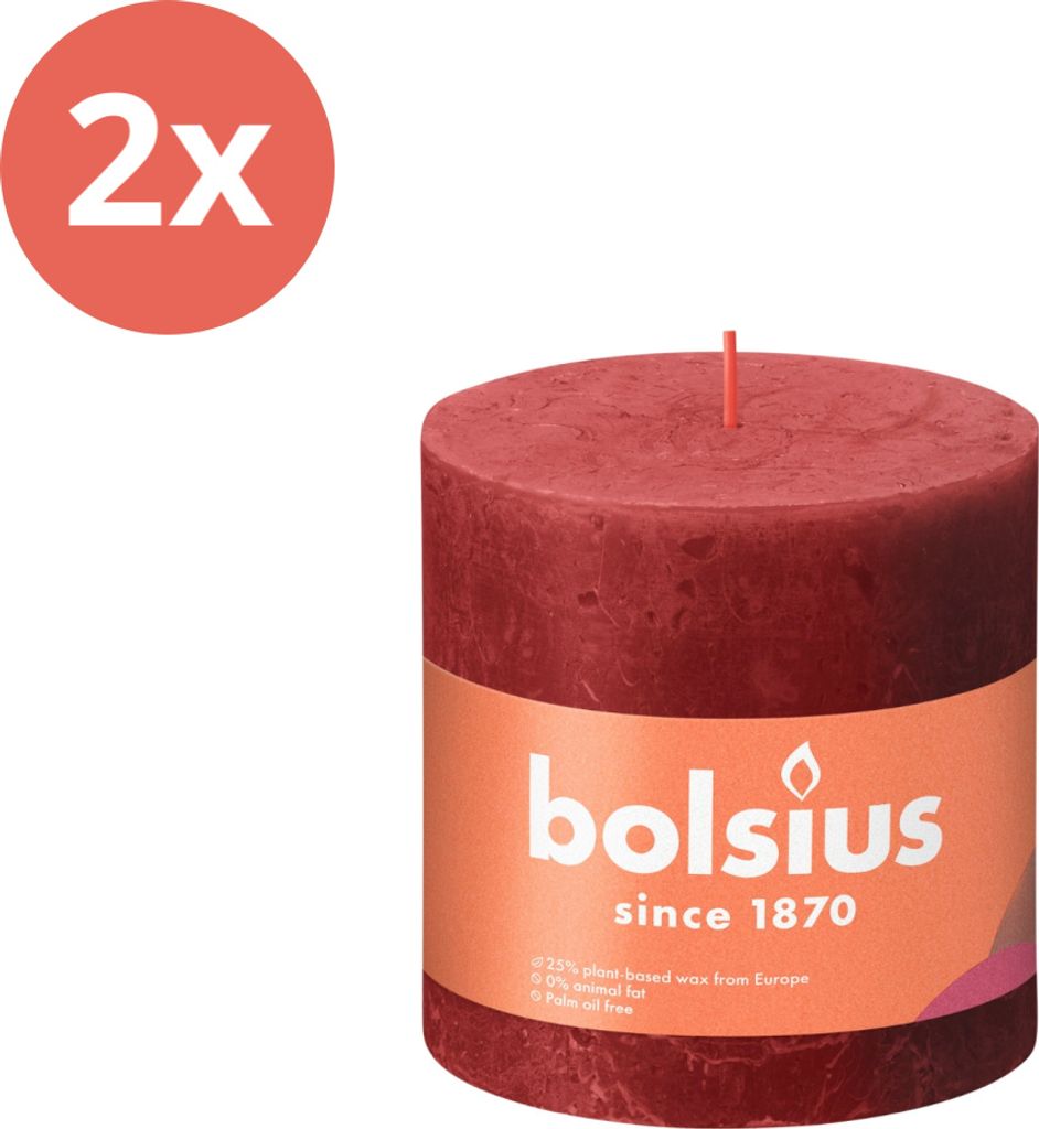 Bolsius - Rustikale Stumpenkerze - 100/100 - 1 Stück pro Packung - Zartes Rot - Vorteilspack - 2 Stücke