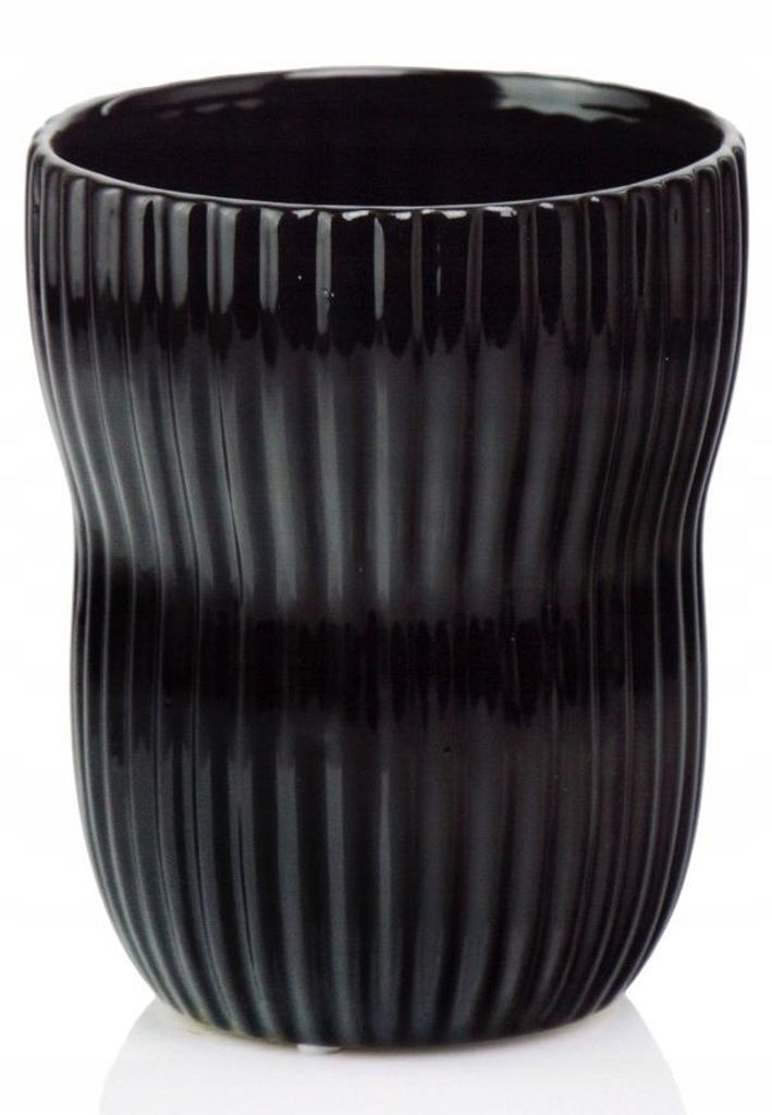 Geriffelter Keramik Blumentopf-Übertopf rund, Schwarz glänzend, 13 cm Durchmesser, 16 cm Höhe