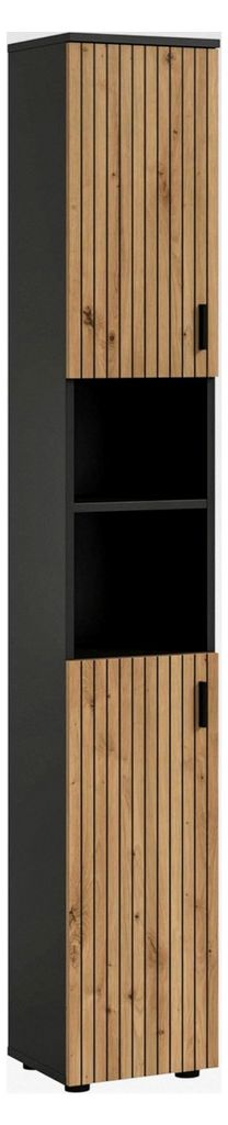 Badschrank Mone 30x192x30 cm in Basalt Nachbildung und Artisan Eiche Nachbildung – holzfarbener Hochschrank für das Badezimmer – modern und pl...