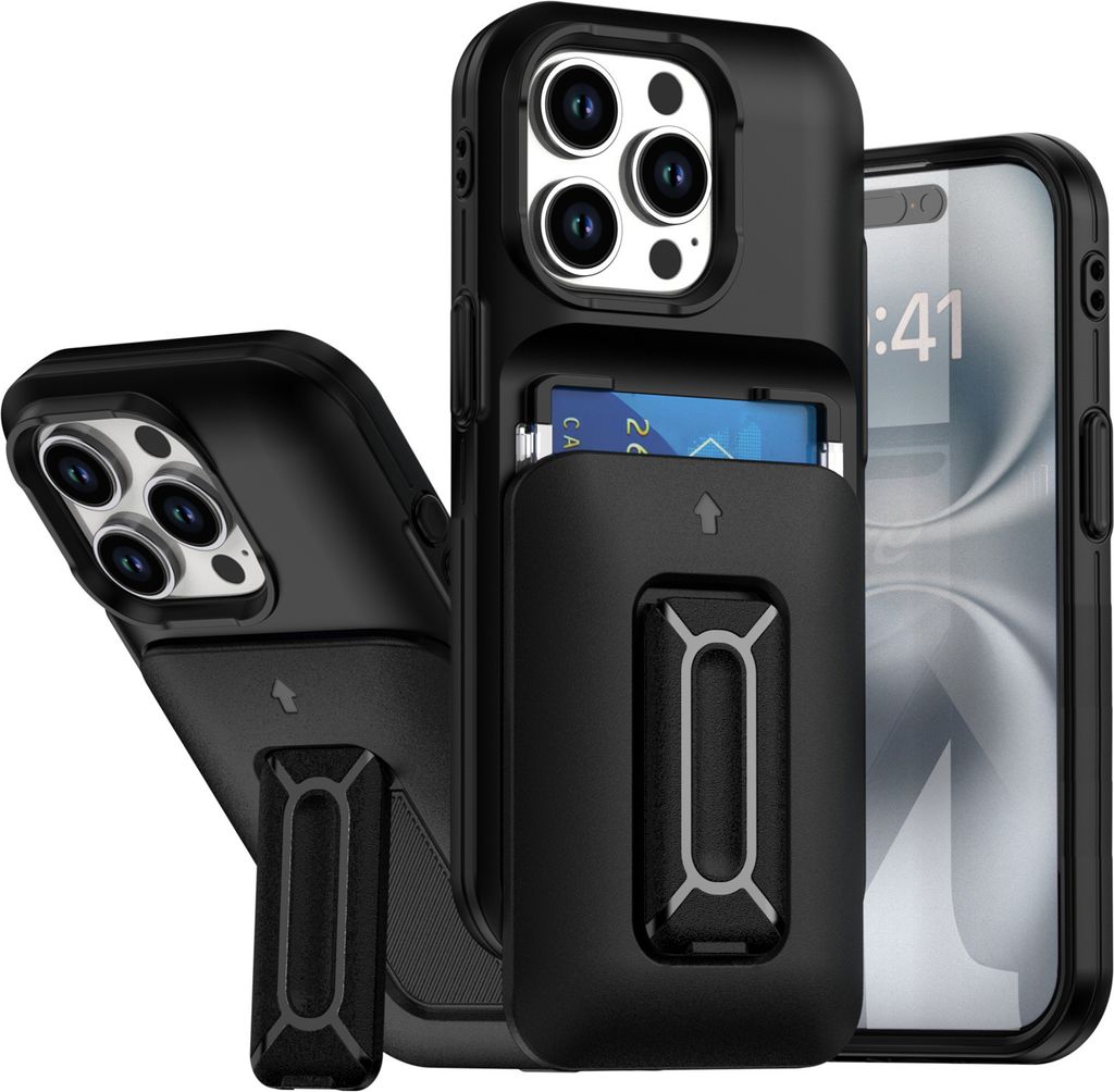 Kartenhalter Handyhülle für iPhone 15 Pro, Weiches TPU Brieftasche, Heavy Duty Ständer Hülle Schwarz