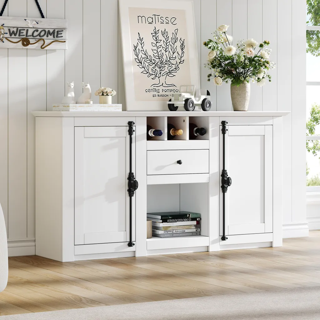Buffet avec Rangement Semi-Ouvert et Porte-Bouteilles - Commode Blanche