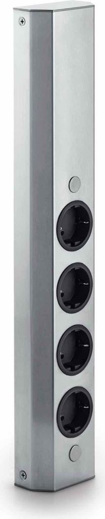 A tall, silver, hexagonal speaker with multiple black circular openings.