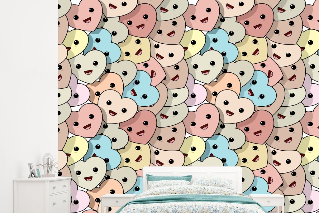 MuchoWow Fototapete für Wohnzimmer oder Schlafzimmer Wandtapete Vinyl Motivtapete Herz - Muster - Baby - 265x240 cm - Zimmer für Kinder