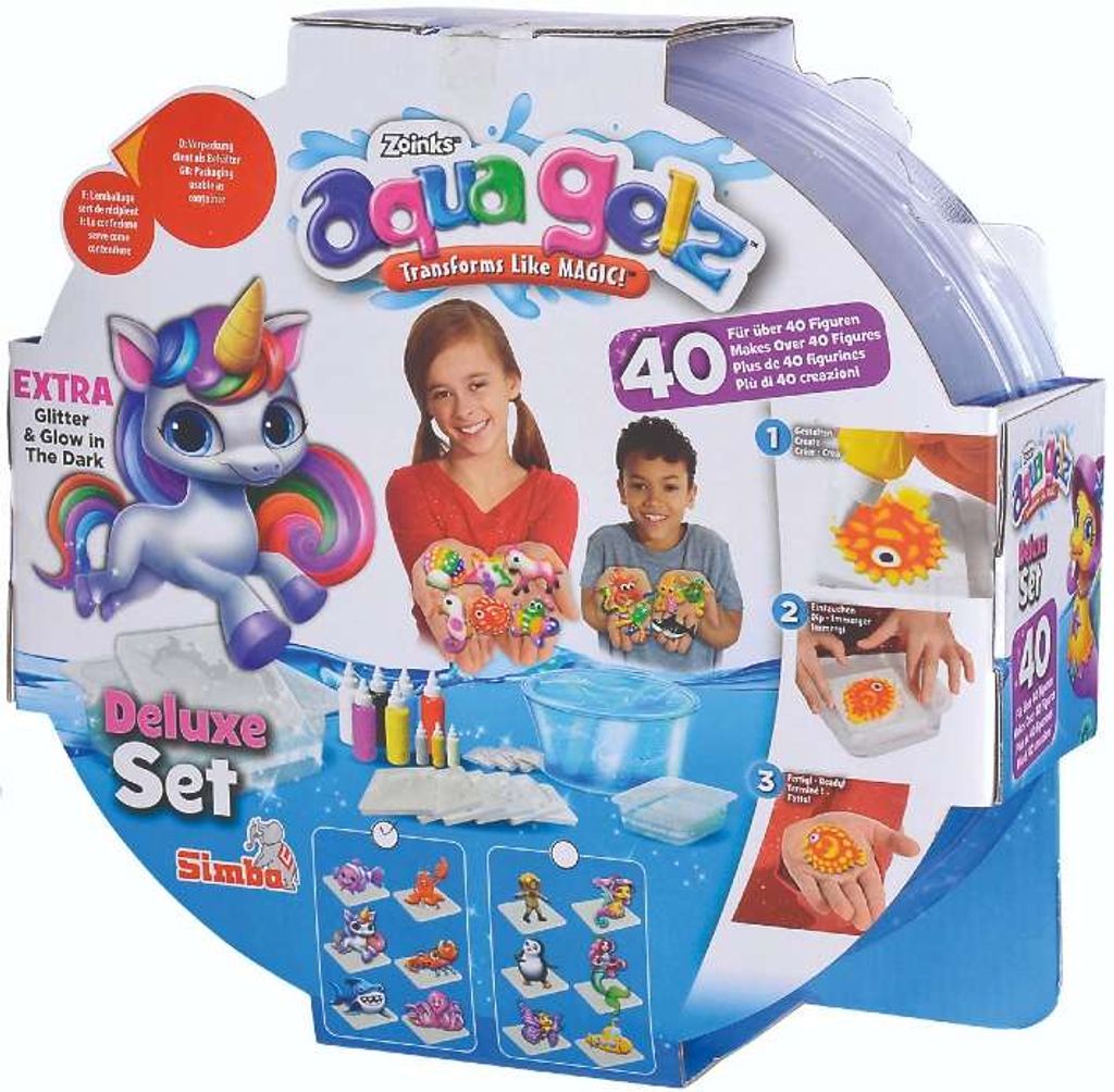 The image shows the packaging of a Simba Aqua Gelz Deluxe Set, featuring a unicorn illustration, children, and the product contents.