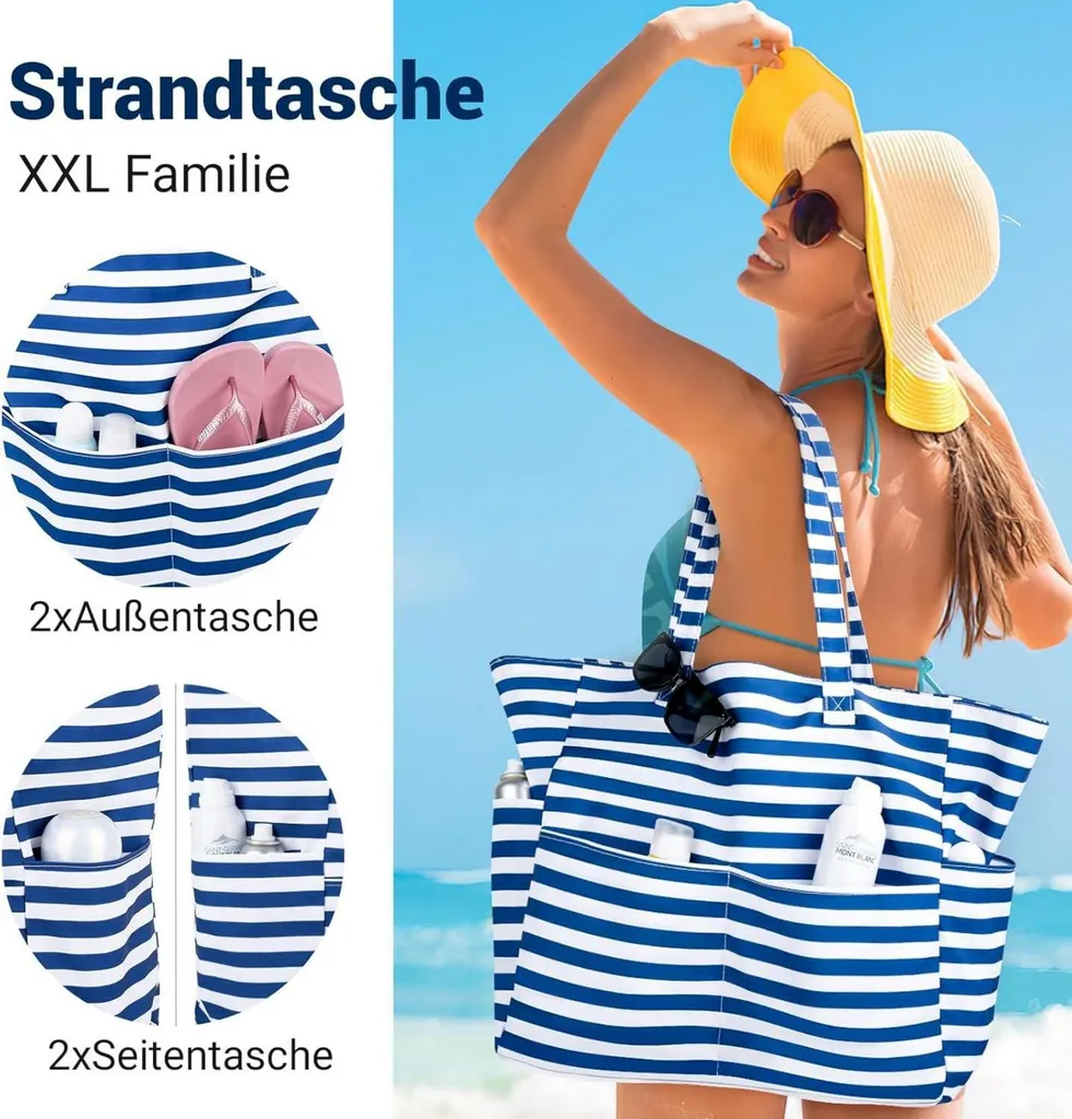 Borsa Mare Donna Grande Impermeabile Con Cerniera – XXL In Rete, 8 Tasche, Beige, Per Spiaggia E Viaggi - 2