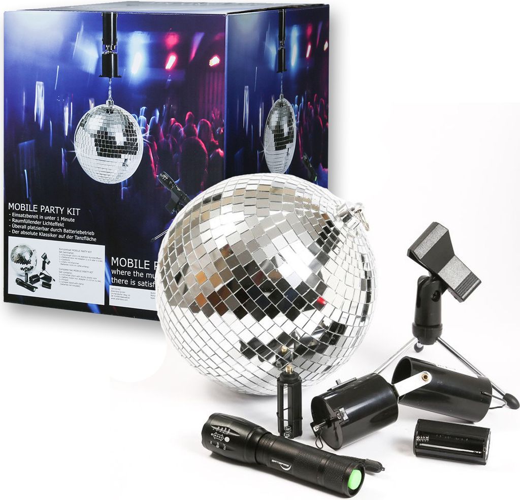 SATISFIRE Discokugel Set - Mobile Party Kit - Komplettset mit 20cm Kugel, Motor, Spot, Stativ