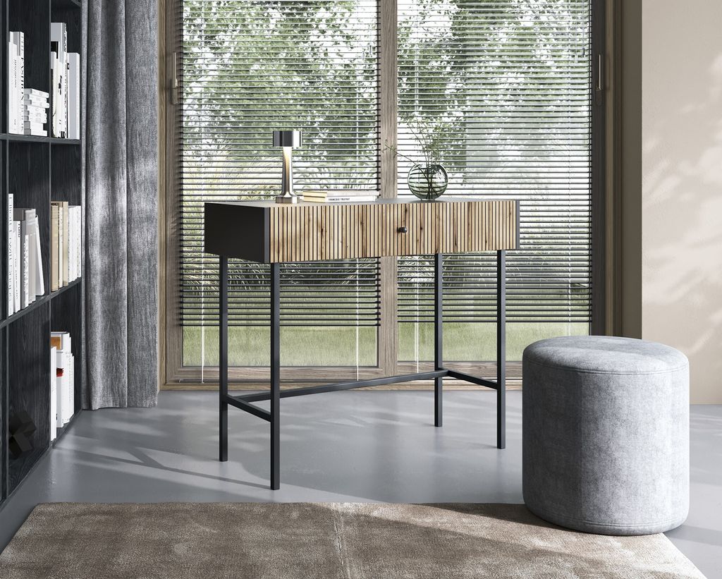 4ALLHOME Schminktisch Vio ZL6 93,2 cm, Kosmetiktisch mit Schublade, Aufbewahrungsfach, Frisiertisch, Schminkkommode, Schwarz + Lamellen