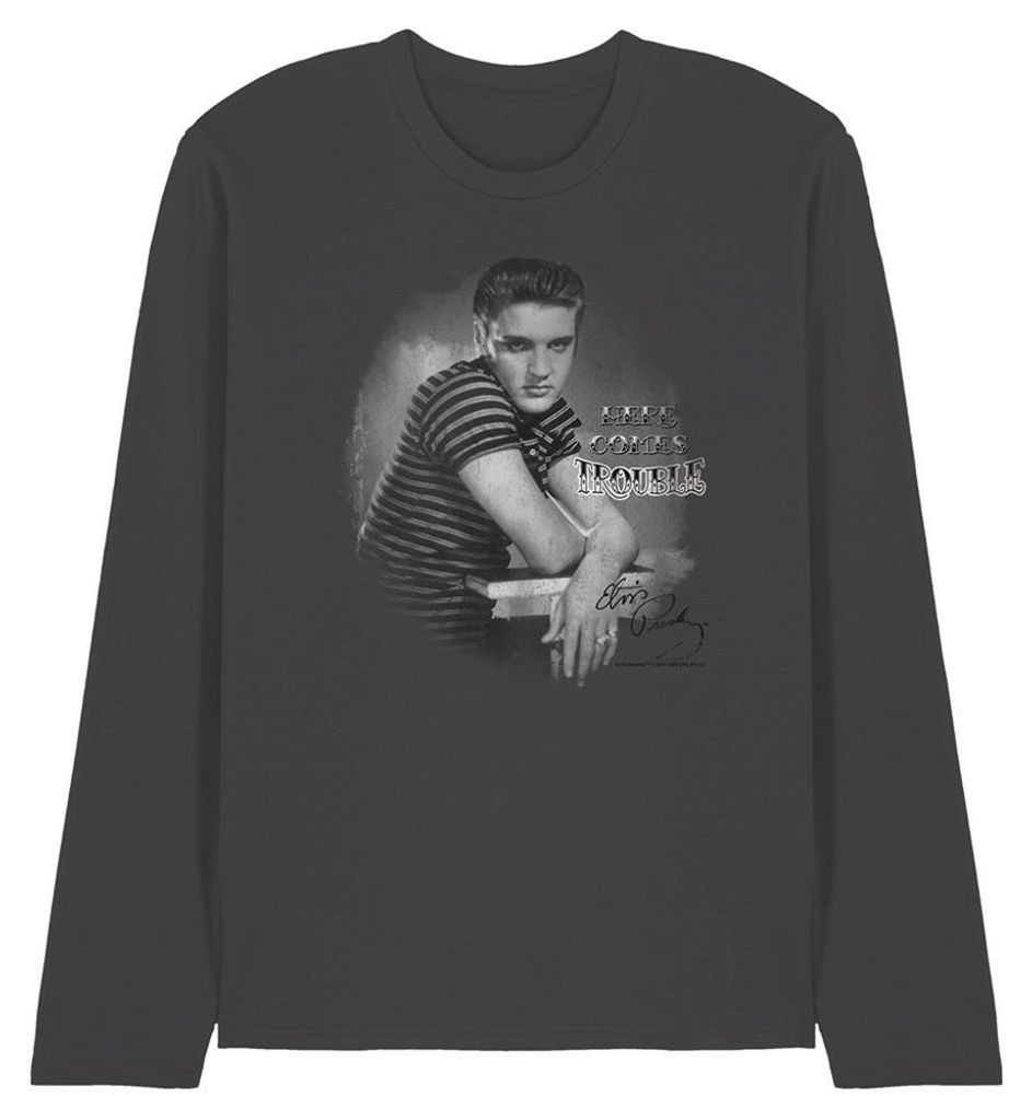 Elvis Presley - "Trouble" T-Shirt für Herren/Damen Uni, Langärmlig TV33249 (L) (Holzkohle)