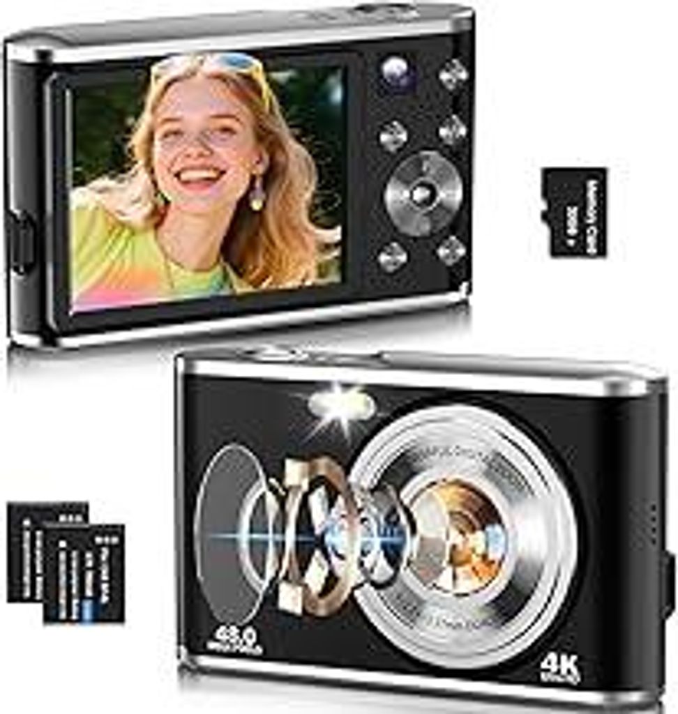 Digitalkamera, AutoFocus 4K Kompaktkamera Fotokamera mit Dual-Kamera mit 32GB Speicherkarte HD 48MP 16X Digitalzoom 2,8 großem Bildschirm Fotoappa...