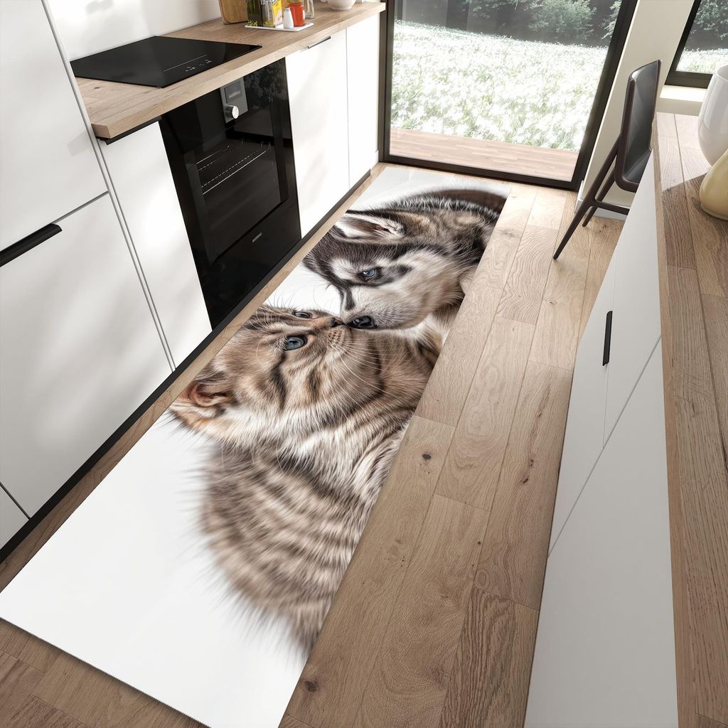 Küchenteppich 80x300cm rutschfest & abwischbar PVC Läufer - Kätzchen und Welpe