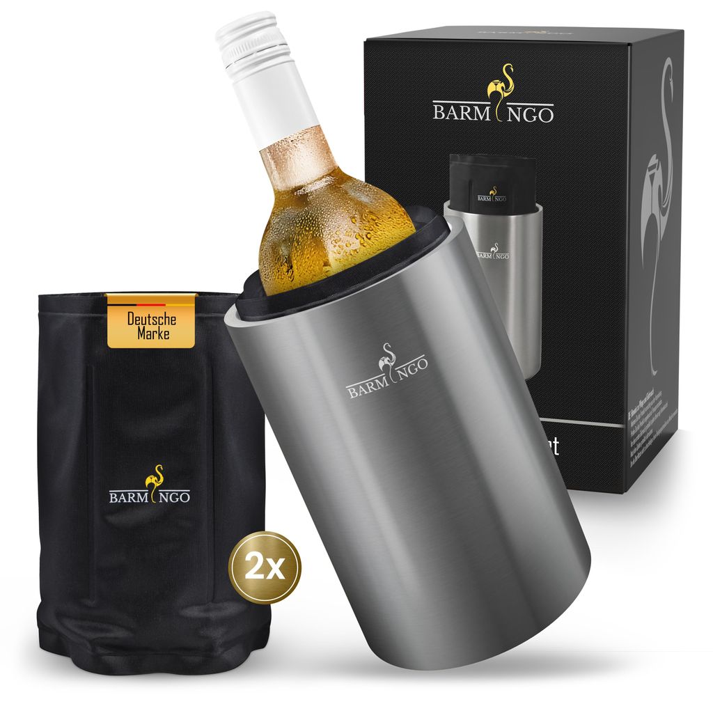 Weinkühler Edelstahl mit Kühlakkus – Getränkekühler & Flaschenkühler für Wein, Sekt, Champagner | Sektkühler doppelwandig mit Kühlmansche...