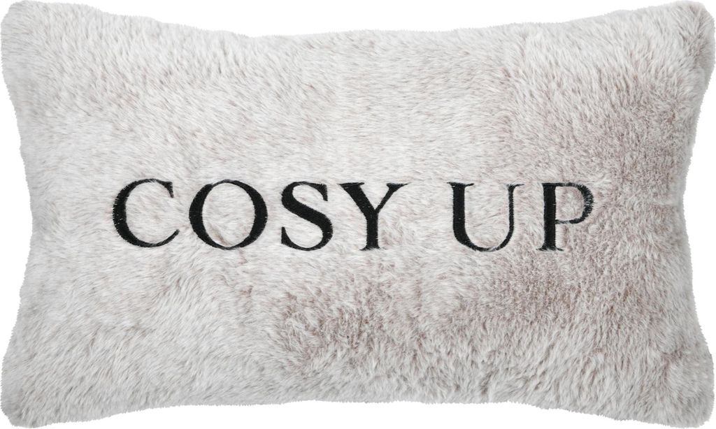 Dekokissen mit Felloptik und gesticktem Schriftzug „Cosy up“