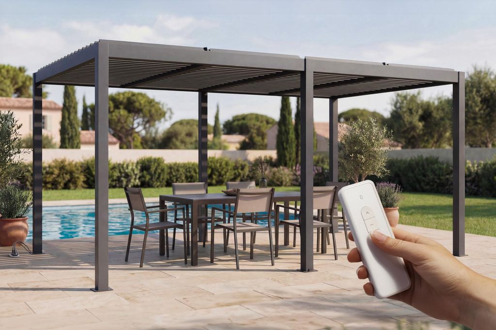 AGOSTA 5x3m freistehende, motorisierte, bioklimatische Pergola mit LED-Beleuchtung, 250 cm hoch – Graues Aluminium