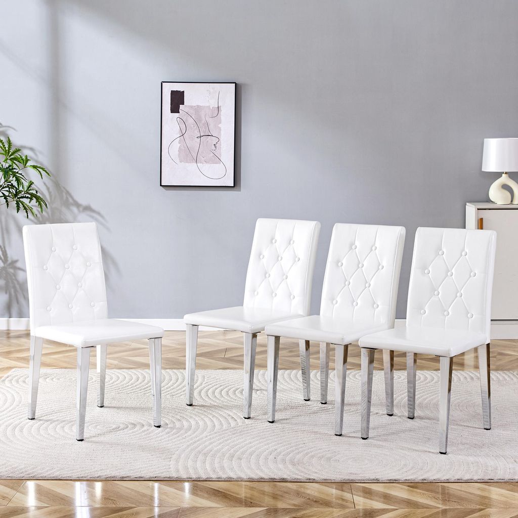 STILVORA Esszimmerstuhl mit rautengesteppter Rückenlehne und elastischem Schaumstoff, Metallstuhl mit Hochglanz-Silber Beinen, Weißer Stuhl mit v...