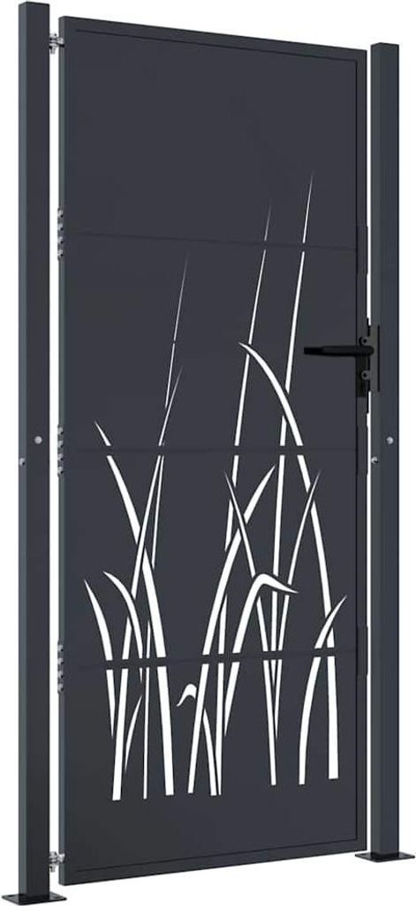 A dark gray metal garden gate with a cut-out grass design.