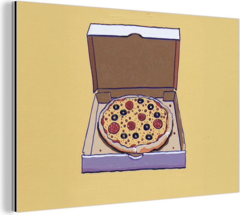 MuchoWow Wanddekoration Metall Metallbild Wandkunst 90x60 cm Pizza - Schachtel - Salami - Illustration MuchoWow Aluminium Gemälde - Wandbilder