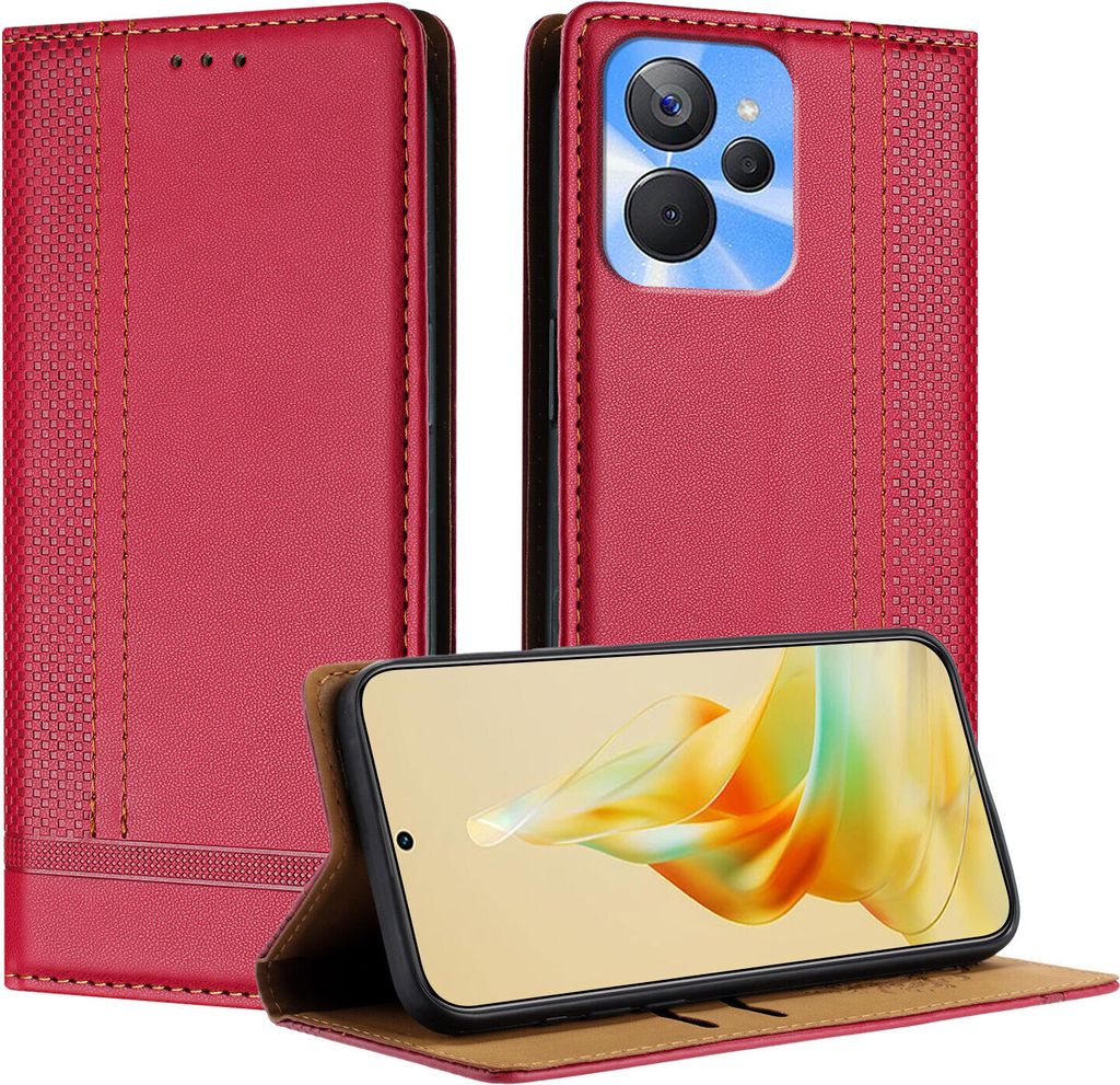Handyhülle für Realme 10T Leder Flip Klappbare Schutzhülle mit Standfunktion Rot