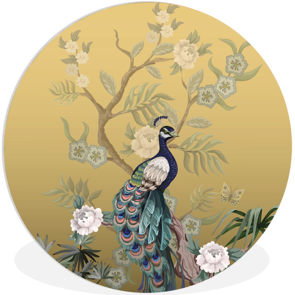 MuchoWow Rundes Wandbild - Runde Bilder Pfau - Rosen - Gold - Pfauenfedern - Luxus Ø 60 cm Kreis Wanddekoration Kunststoff - Wandkreis - Wandsch...