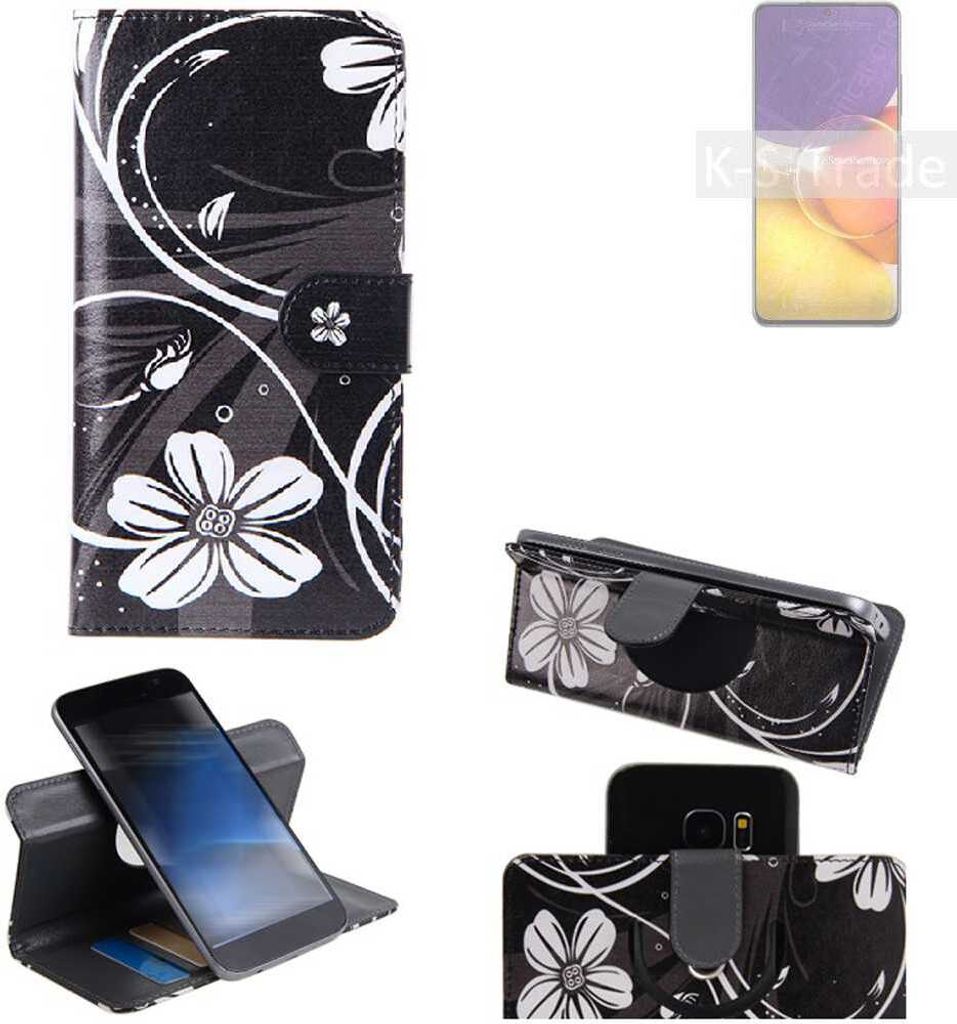 K-S-Trade Schutzhülle Handyhülle kompatibel mit Samsung Galaxy Quantum2 Hülle 360° Wallet Case ''Flowers'' Klapphülle Hülle schwarz-weiß 1x