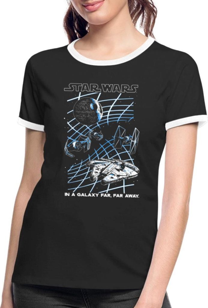 Star Wars In A Galaxy Far, Far Away Frauen Kontrast T-Shirt, L, Schwarz/Weiß