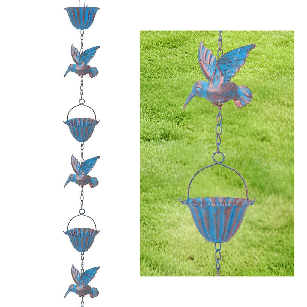 2,4m Regenkette mit Kolibris,Gartendekorationen, Regenablaufkette aus Metall in Retro-Blau, für Dachrinnen, Garten- und Hausdekoration