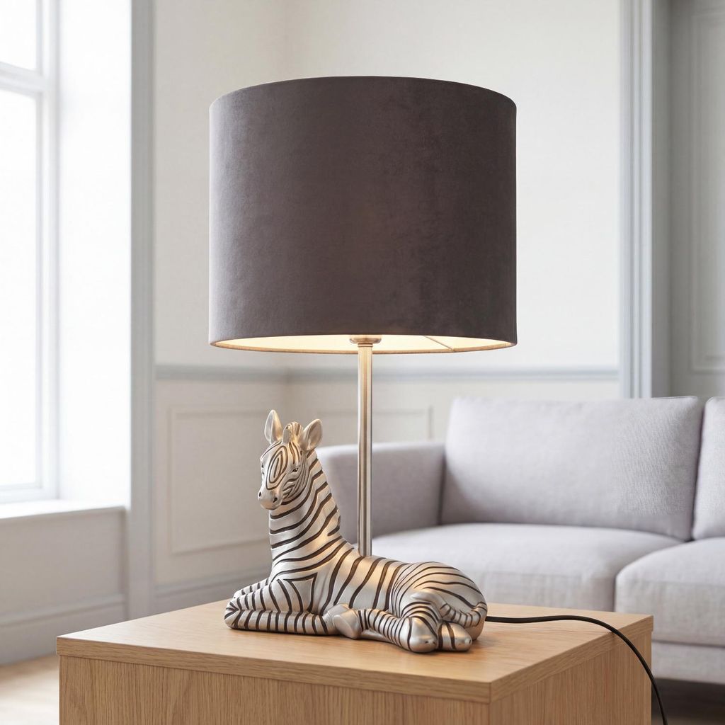 Tischlampe Metall Stoff E27 35 cm hoch in Silber Schwarz Klassisch