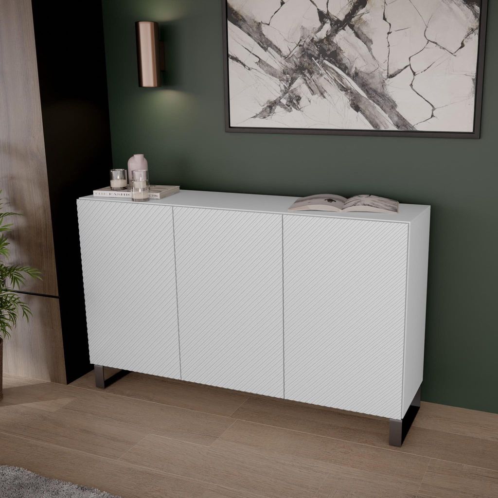 Moderne Kommode mit gefräste Fronten Cape Schwarz Sideboard mit 3 Türen Kommodenschrank aus Metallgestell, Farbe: Weiß