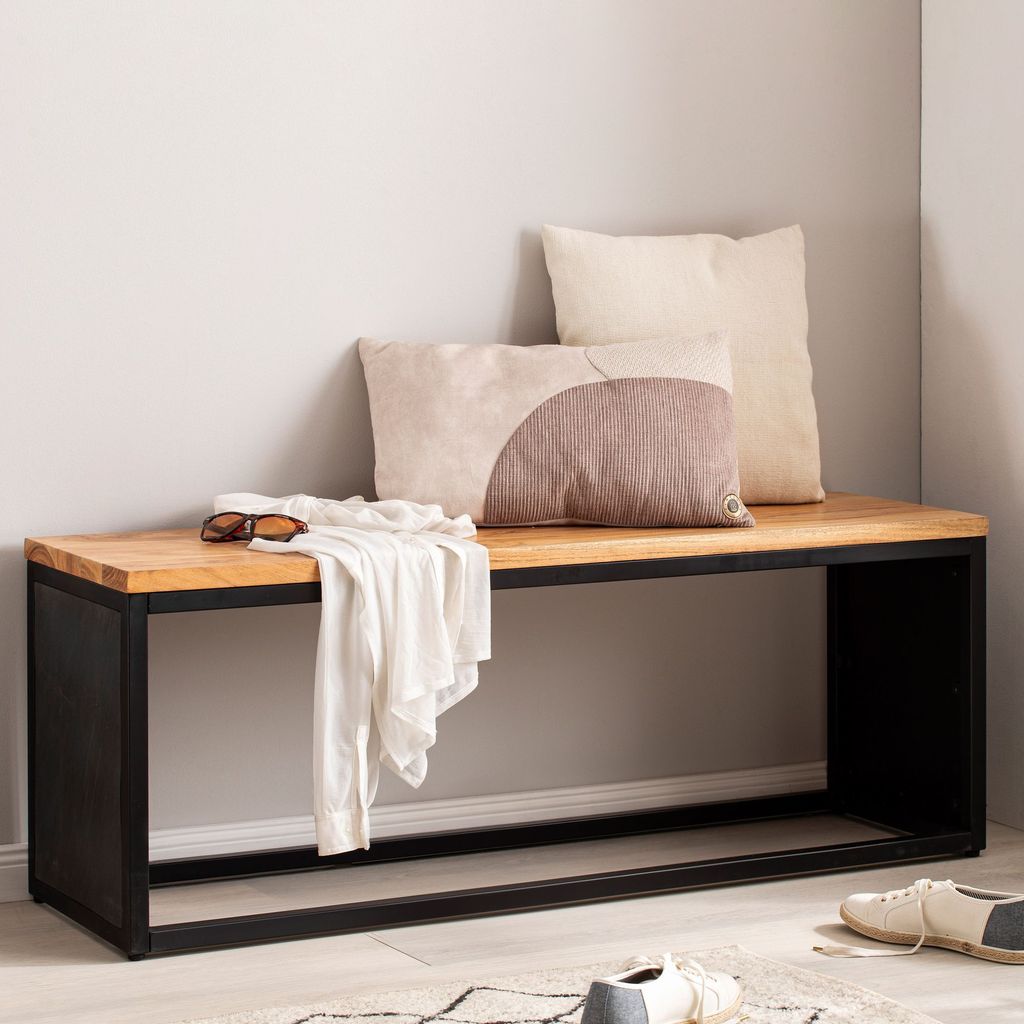 FineBuy Massivholz Sitzbank 120 cm Akazie - Bank für Garderobe Schlafzimmer & Wohnzimmer - Design Garderobenbank Eingangsbereich - Bettbank - Hand...