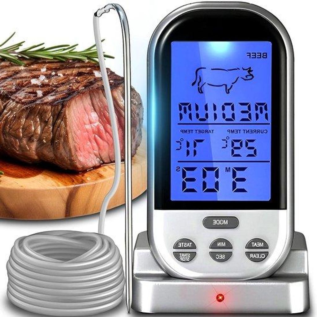 Elektronischer Drahtloser Grill- und Backthermometer mit Backofen-Sonde - Grillen, Backen, Braten - Temperaturbereich bis 250°C - 1m Draht