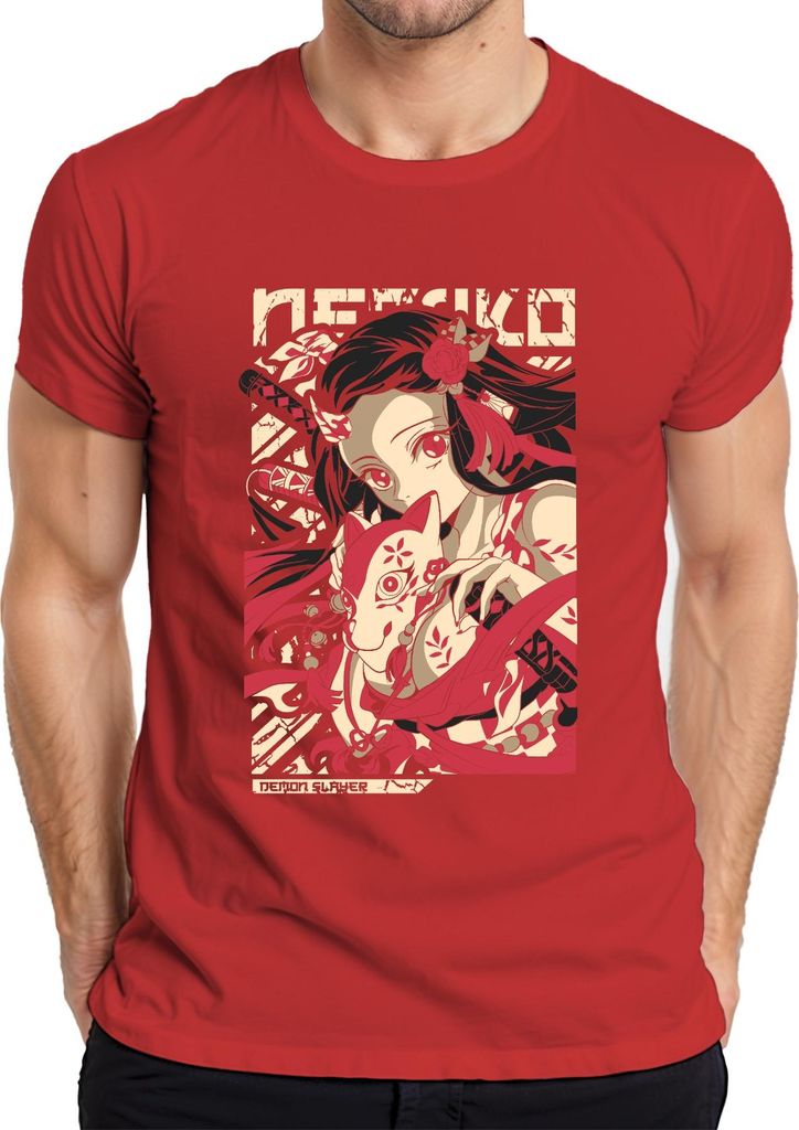 Demon Slayer Nezuko Kitsune Maske Anime Geschenk Japan Y2K Streetwear Manga Herren T-Shirt, Rot, S