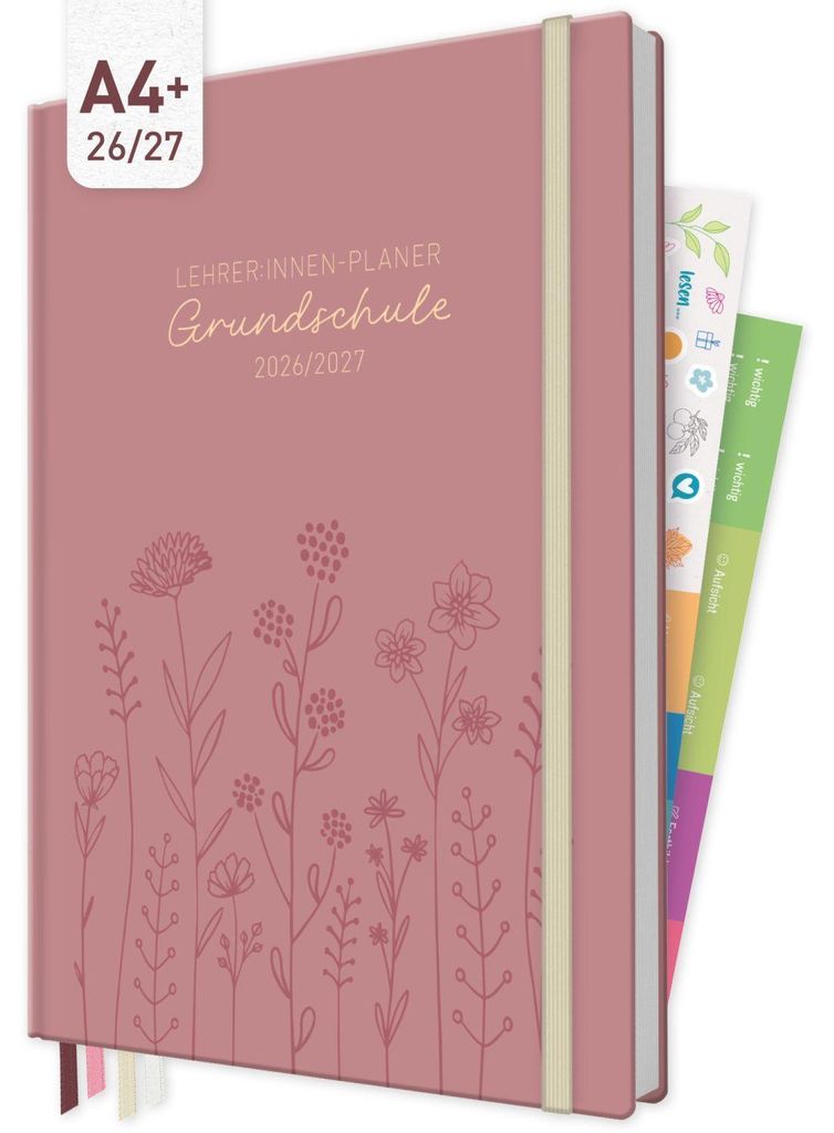 Häfft Lehrer-Planer Grundschule Maxi 2026/2027 / A4+ / Fine Flowers rosé